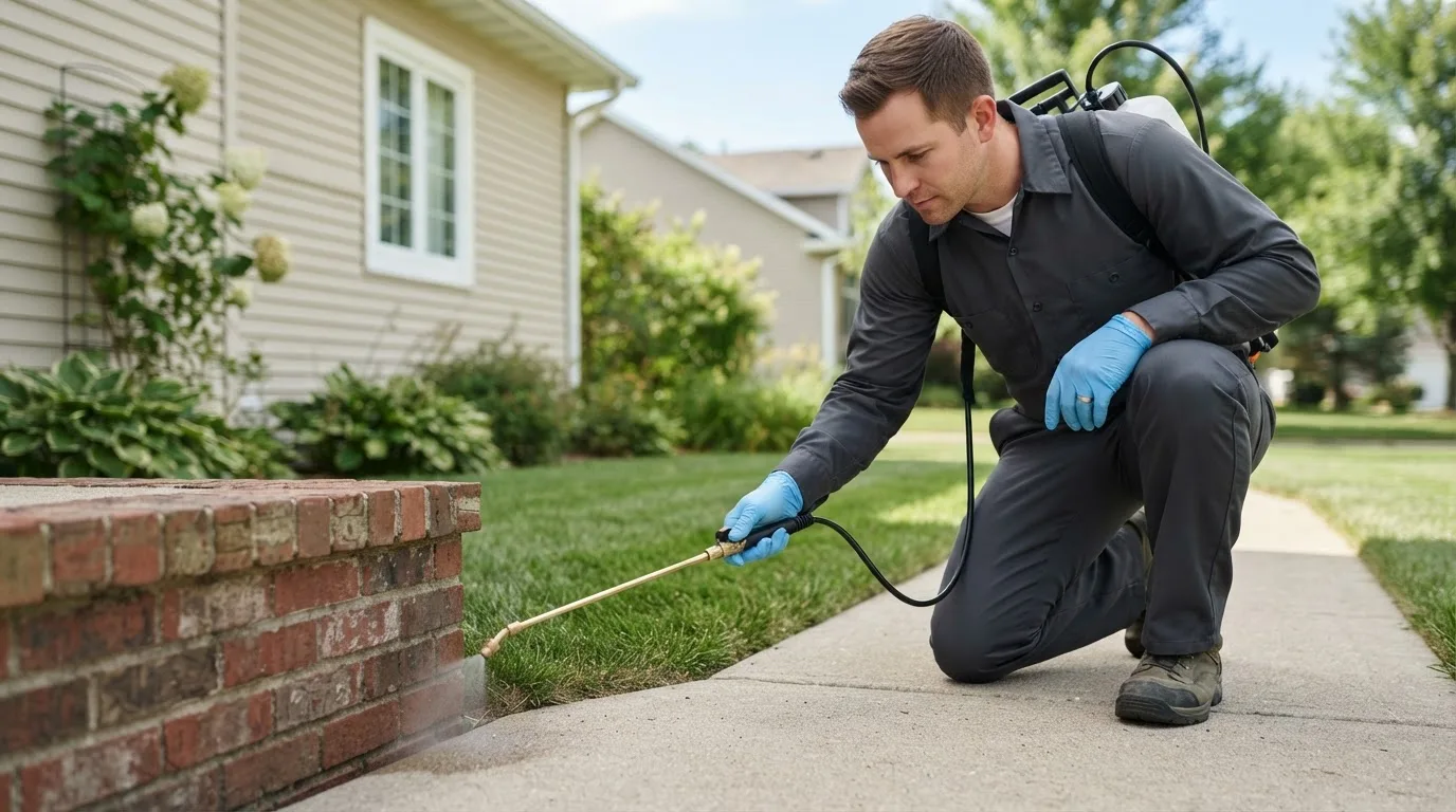 Pest control technician treating a home near Wingo, KY
